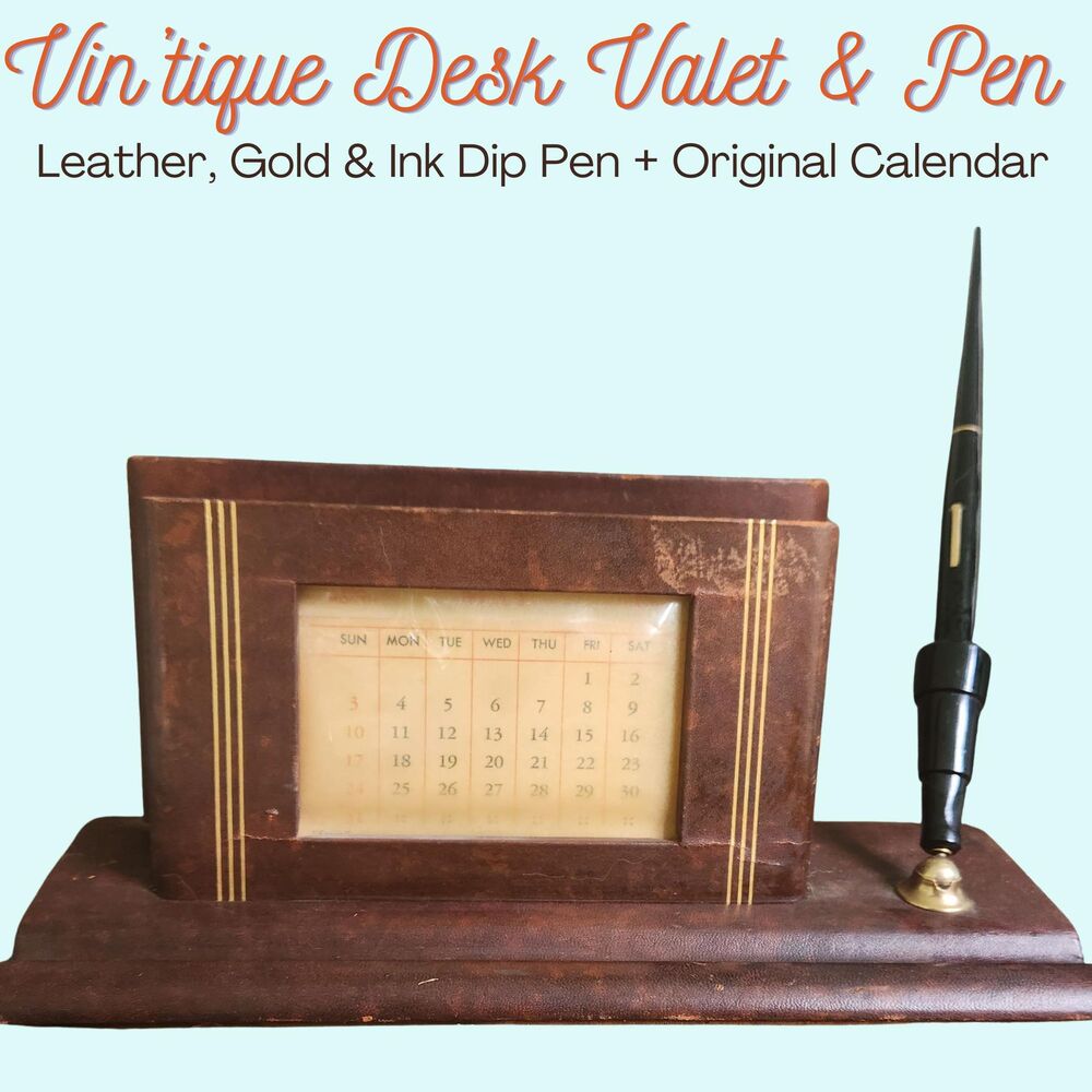 Rare 1940s Leather Desk Set | Swiveling Dip Ink Pen & Calendar Vintage Executive